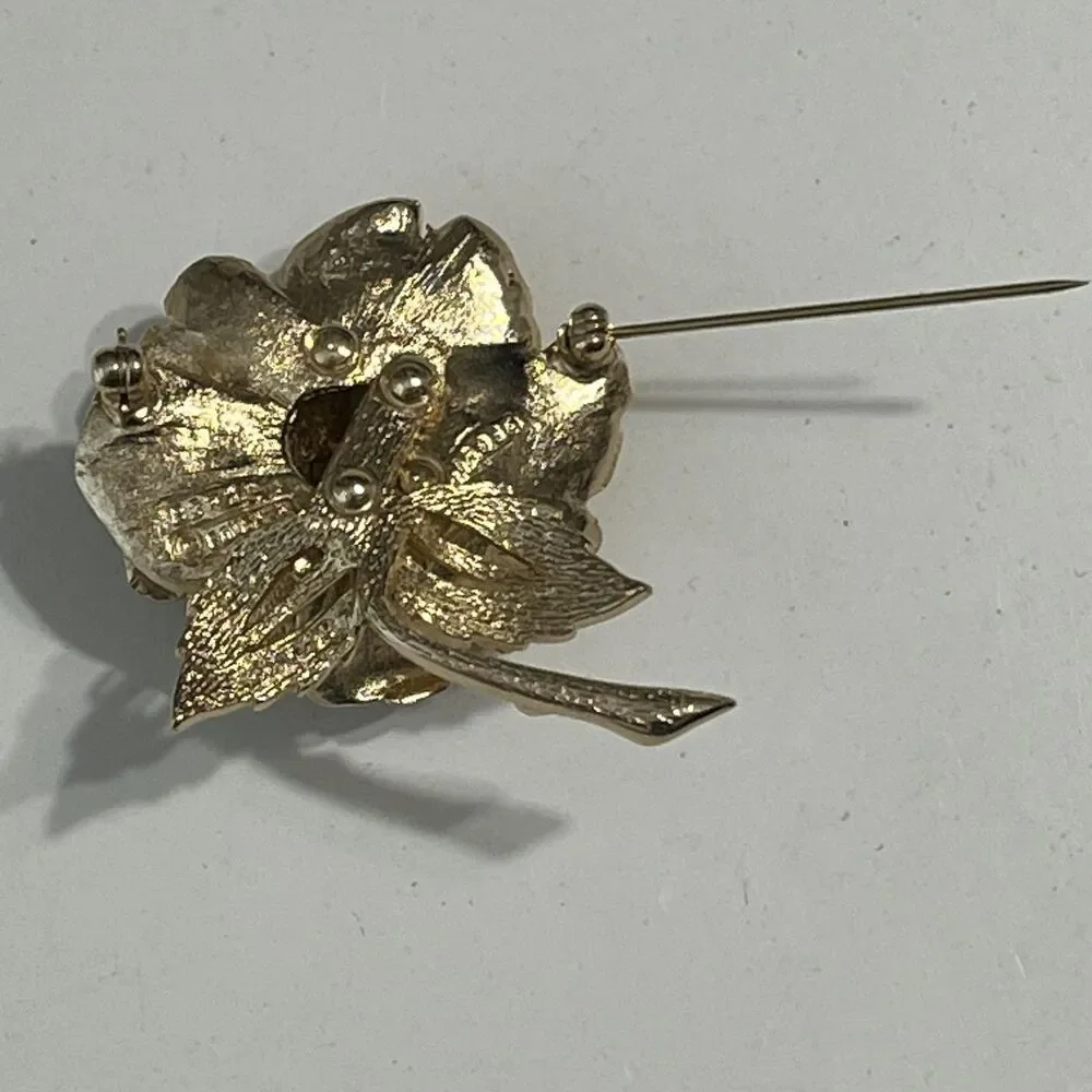 Vintage Marcel Boucher Rose Flower Brooch Gold Tone Pearl Pin Floral Italy